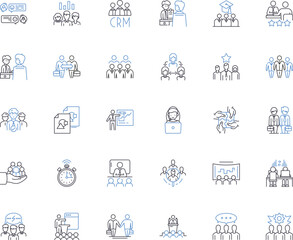 Administrative assembly line icons collection. Governance, Leadership, Decision-making, Organization, Communication, Coordination, Efficiency vector and linear illustration. Generative AI