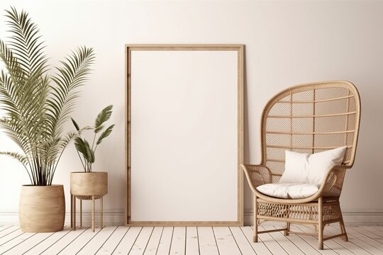 vertical wooden frame mockup in warm neutral beige room interior with wicker armchair, boho pillow and palm plant in woven basket with tassels. Illustration, 3d rendering