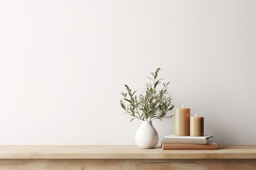 Traditional interior wall mockup with green twigs in vase and candle standing on light brown wooden table on empty white background. 3D rendering