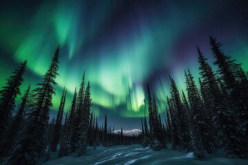 Polar lights aurora borealis over northern coniferous forest in snow. Generative AI