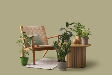Wooden coffee table with houseplants and armchair on green background