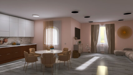 Interior design kitchen-dining room 3d render, 3d illustration collage