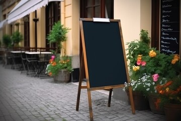 Blank restaurant shop sign or menu boards. Generative ai. Paris, Buenos Aires streets. Generative ai