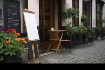 Blank restaurant shop sign or menu boards. Generative ai. Paris, Buenos Aires streets. Generative ai