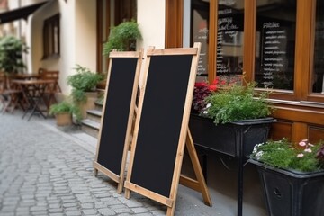 Blank restaurant shop sign or menu boards. Generative ai. Paris, Buenos Aires streets. Generative ai