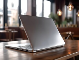 Mockup laptop.  Silver back, cafeteria background. Co-working site.  
