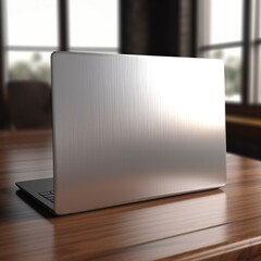 Mockup laptop.  Silver back, cafeteria background. Co-working site.  