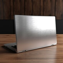 Mockup laptop.  Silver back, cafeteria background. Co-working site.  