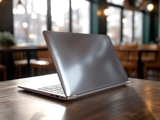 Mockup laptop.  Silver back, cafeteria background. Co-working site.  