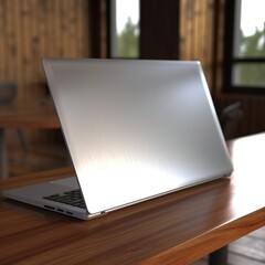Mockup laptop.  Silver back, cafeteria background. Co-working site.  