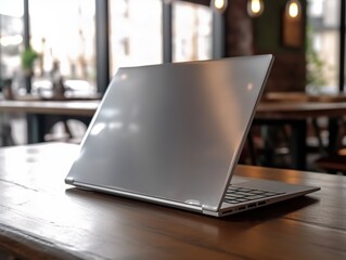 Mockup laptop.  Silver back, cafeteria background. Co-working site.  