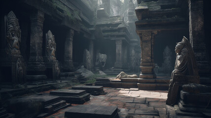 Ancient Temple with Mysterious Statues