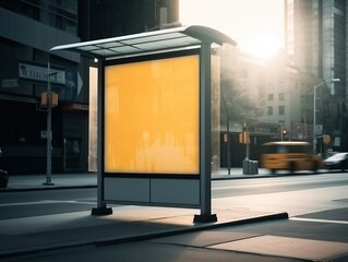 Vertical blank yellow billboard. Bus_stop on New York city. Generative ai. City, billboard, advertsign. 