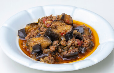 Traditional delicious Turkish food, Eggplant with minced meat. Turkish name; Eggplant sitting