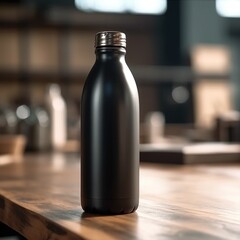 Water bottle mockup on the table of caffeteria. Coffe, watter, generative ai, mockup.
