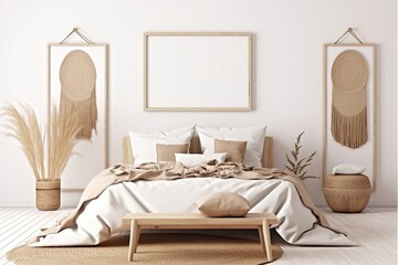 frame mockup in boho bedroom interior with wooden bed, beige fringed blanket, cushion with tassels, dried pampas grass and wicker lamp on white wall background. 3d rendering