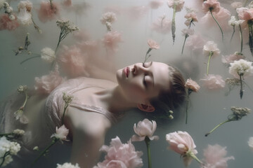 Beautiful woman floating in water with flowers. AI generated image.