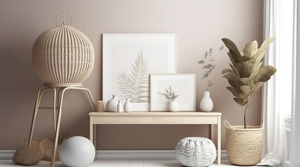 Mock up frame in home interior, Scandi-boho style, 3d render, Bright color. Generative Ai
