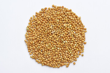 Yellow millet seeds - feed for birds, top view, white background