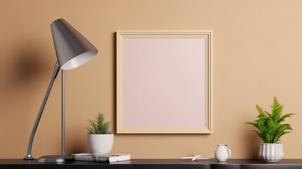 Square frame mockup close up on wall painted beige color, 3d render, Bright color. Generative Ai