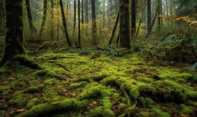 Obraz premium a moss covered forest with lots of trees in the background. generative ai