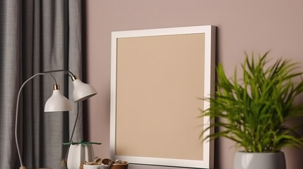 White photo frame on a beige background with a palm leaf shadow. Generative Ai