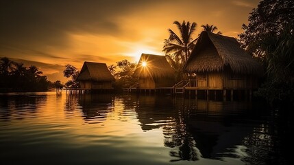 Fototapeta premium illustration, seascape bungalow, ai generative