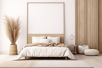 Bedroom interior mockup in boho style with fringed blanket, cushion with tassels, linen bedding, dried pampas grass, basket lamp and curtain on empty beige background. 3d rendering,