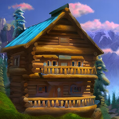 Rustic Charm. A Large Cabin on Top of a Sunny Mountain in the Wild Generative AI.