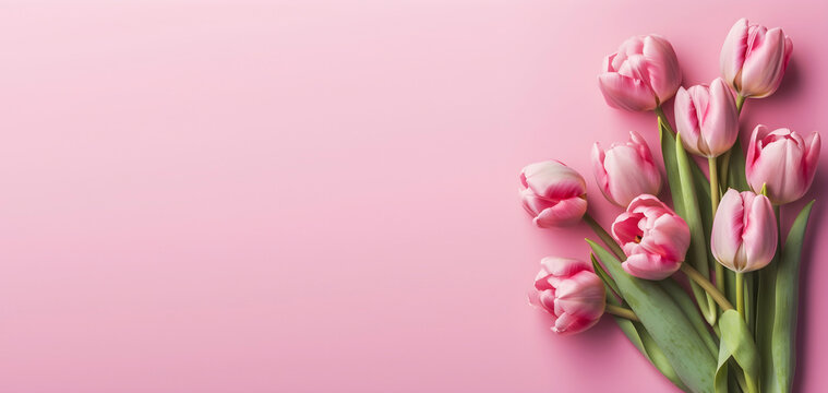 Pink tulips on light pink background, for baner or greeting card, top view on beautifull tulips, pink flowers baner, Generative AI