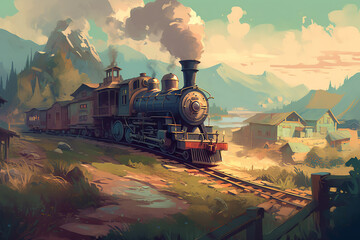 Fototapeta na wymiar A vintage steam train through a countryside. generative AI
