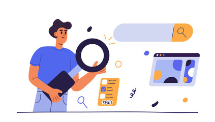Young Man holding magnifying glass. Search information concept. Concept of frequently asked questions. Modern flat vector illustration