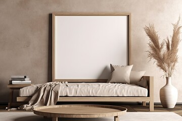 Wooden frame mockup with low sofa, rustic coffee table and dried grass in warm neutral wabi-sabi interior on concrete wall background. 3d rendering, illustration