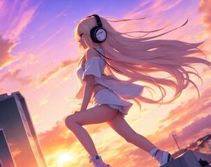 Anime girl with headphone dancing with music watching sunset digital art. Generative AI