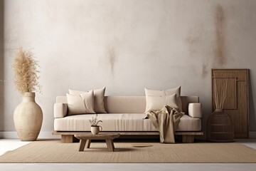 Warm neutral wabi-sabi style interior mockup with low sofa, jute rug, ceramic jug, side table and dried grass decoration on empty concrete wall background. 3d rendering