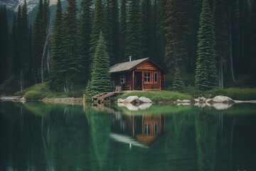 Fototapeta premium A wooden house by the lake by the forest. Generative AI.