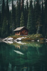 A wooden house by the lake by the forest. Generative AI.