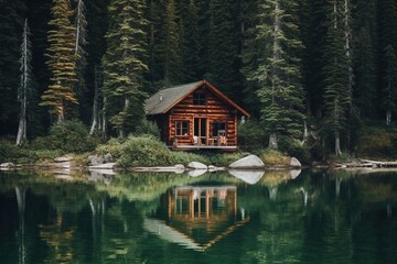 A wooden house by the lake by the forest. Generative AI.