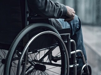 Fototapeta premium A disabled man on a wheelchair in the office Young man with disabilities in Asia. A man on a wheelchair Recovery and health care ideas Teamwork in Office created with Generative AI technology