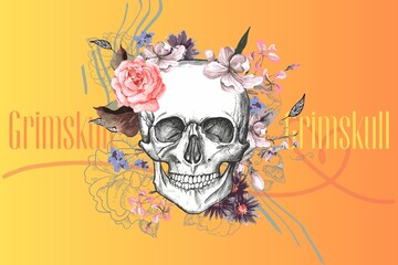 Skull with aesthetic roses vibrant design bright picture of a skull orange yellowish background with a curved heart line grimskull written in the back