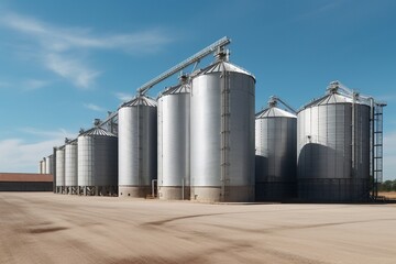 Agroprocessing industrial facility - grain elevators and silos. Generative AI.