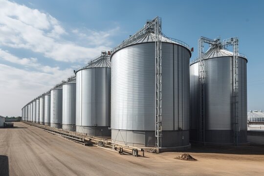 Agroprocessing industrial facility - grain elevators and silos. Generative AI.