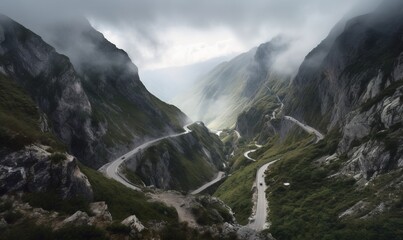  a winding road in the mountains with a cloudy sky above.  generative ai