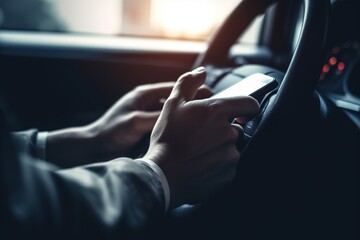 Man using a smartphone while driving a car. Generative AI.