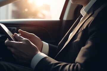Fototapeta na wymiar Man using a smartphone while driving a car. Generative AI.