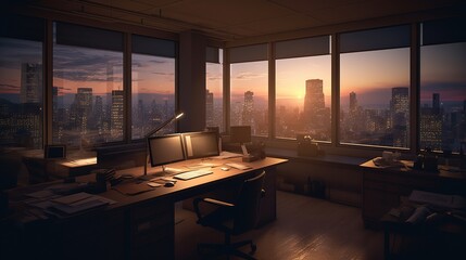 Office with many windows in the sunset. Generative AI.