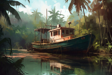 An old, rustic fishing boat anchored in a quiet harbor. generative AI