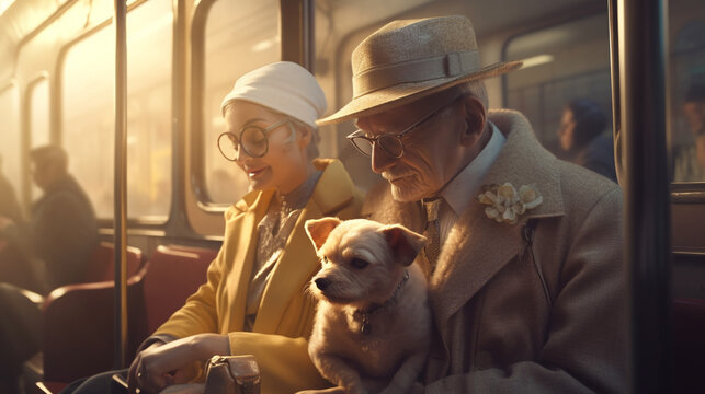 An elderly couple, an old father and his doughter with their puppy dog. sepia sunshine. affection and protection, a testimonial to the bond between humans and their beloved pet