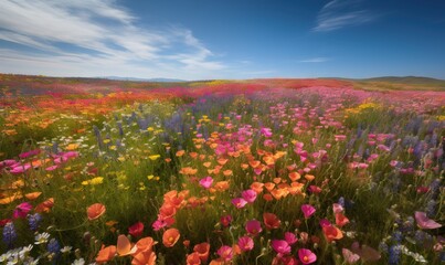 Plakat a field full of colorful flowers under a blue cloudy sky. generative ai