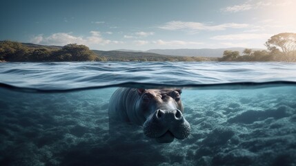 Cute hippo swimming underwater. Generative AI. - obrazy, fototapety, plakaty